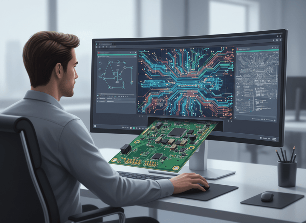 Illustration of AI-assisted PCB design moving from a digital schematic and board layout to a physical printed circuit board.