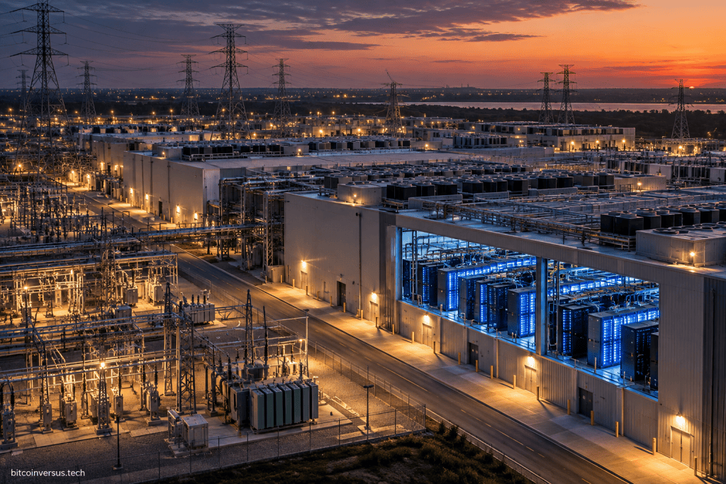 AI data center campus with electrical substations and transmission infrastructure at sunset