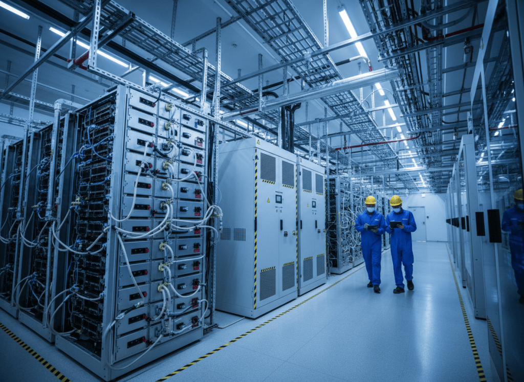 Liquid-cooled AI data center racks connected to high-capacity cooling and 800 VDC power infrastructure