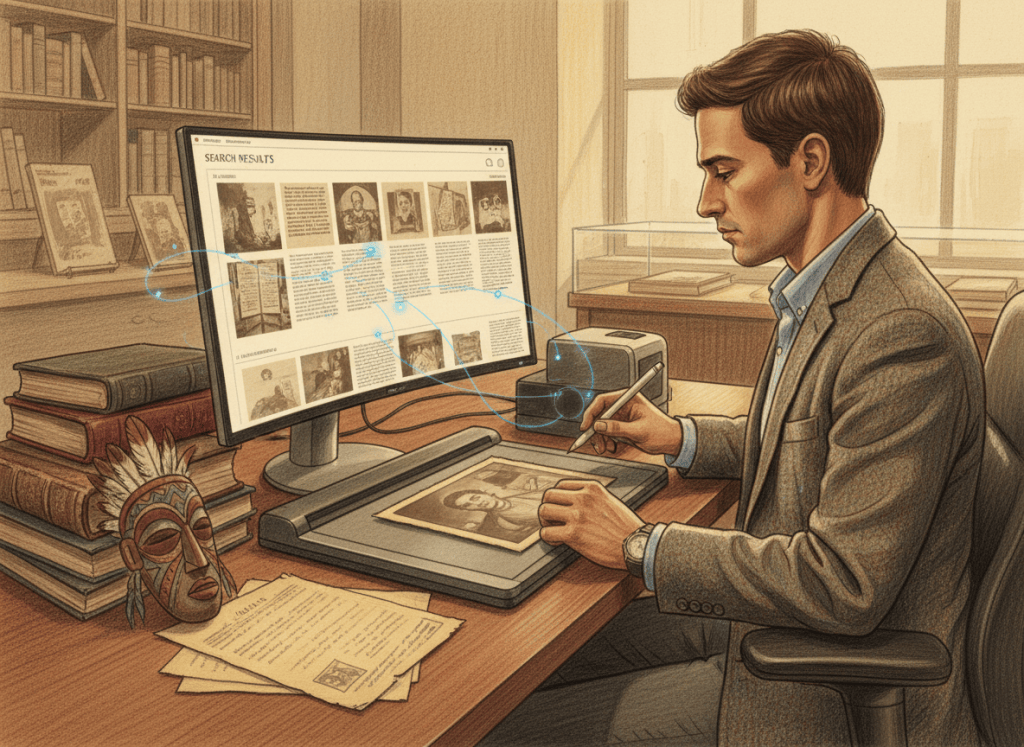Colored-pencil illustration of a museum archivist digitizing artifacts into an AI-assisted digital collection.