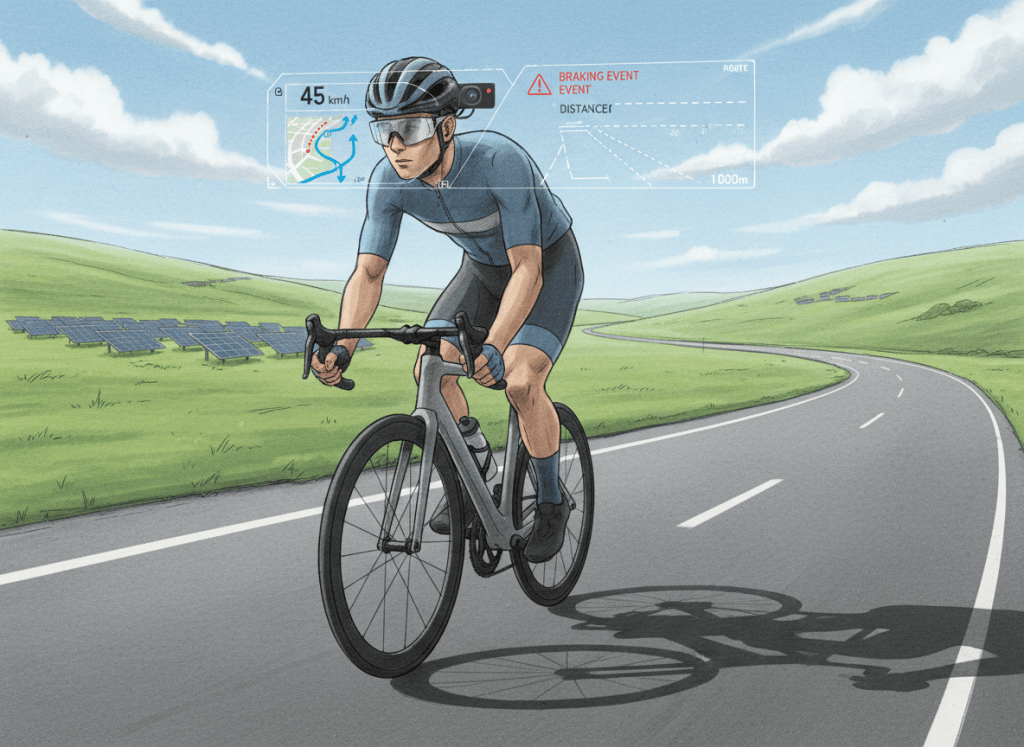 Editorial illustration of a cyclist wearing AI sports glasses with cycling telemetry and road-safety data.