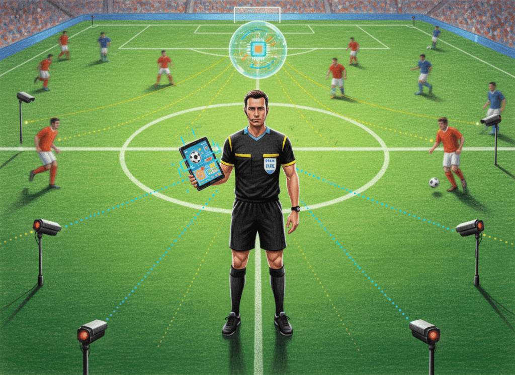 Colored-pencil illustration of computer-assisted sports officiating in a soccer stadium.
