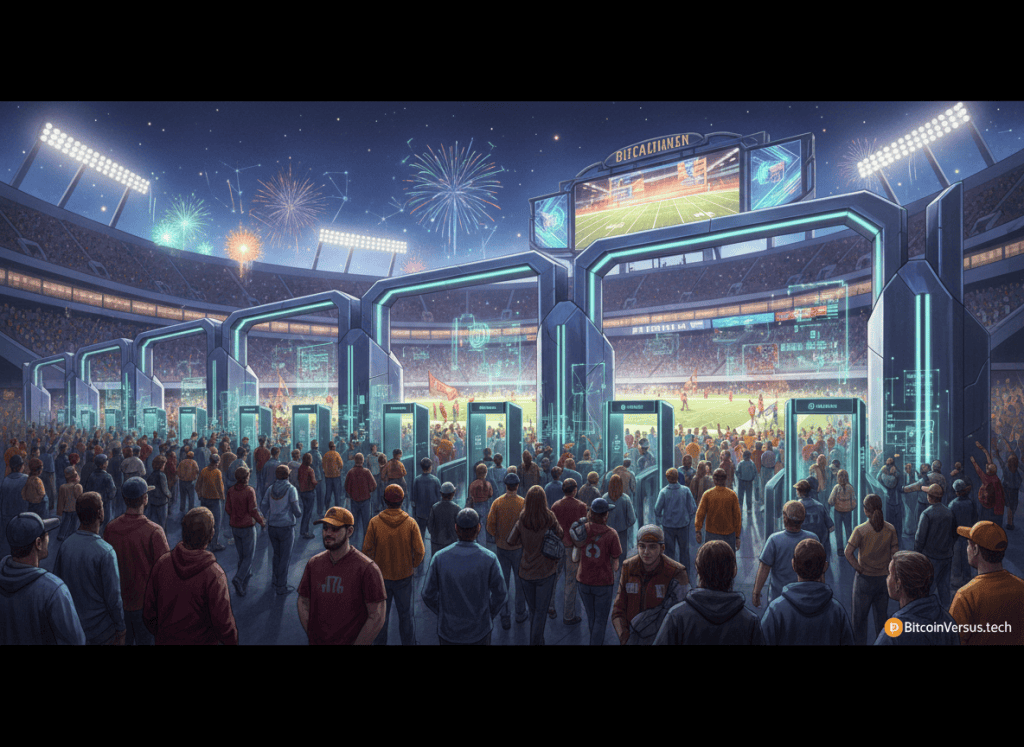 College football fans entering a stadium through AI-powered contactless security screening portals.