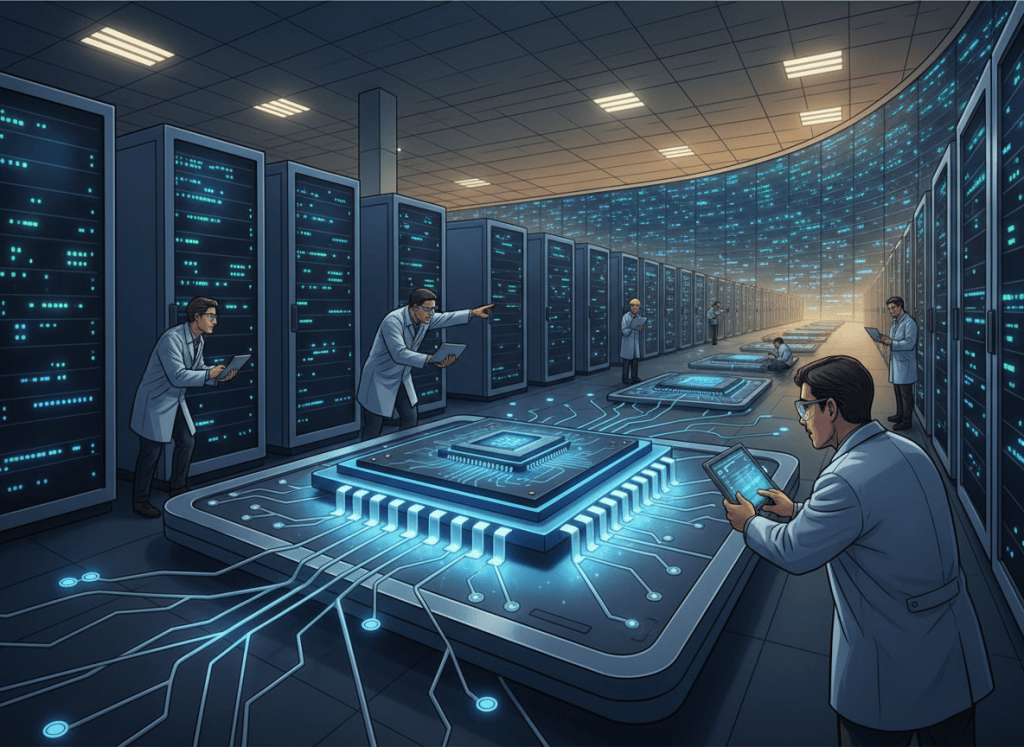 Editorial illustration of an AI processor and engineers inside a large cloud data center.