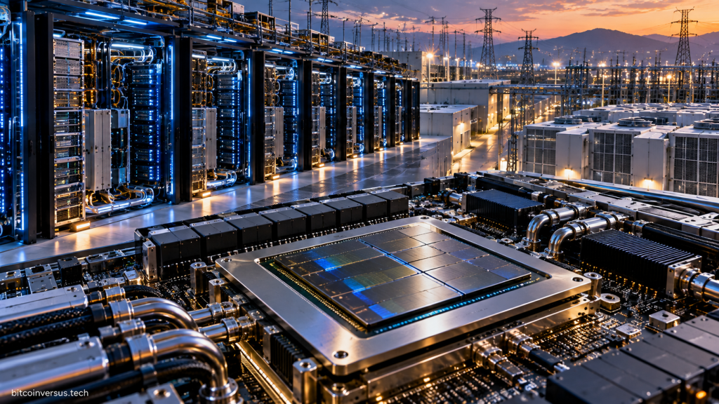 Illustration of a large AI accelerator chip in a hyperscale data center with power and cooling infrastructure
