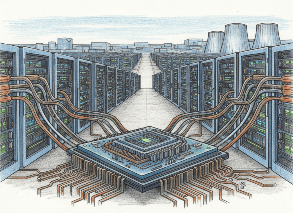 Colored-pencil editorial illustration of an AI accelerator, high-density server racks and a large data-center campus representing Alibaba T-Head's Zhenwu V900 hardware announcement.
