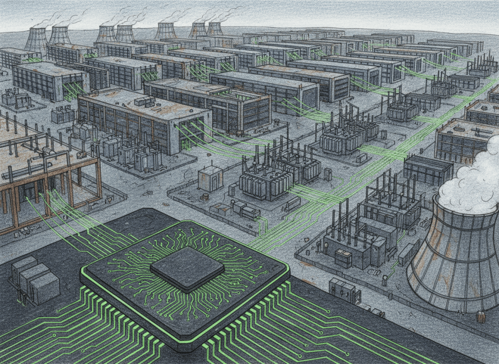 Colored-pencil editorial illustration of an AI accelerator chip beside hyperscale data center power and cooling infrastructure.