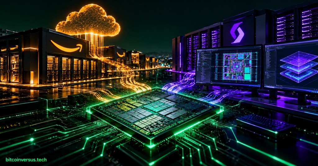 AI data center illustration showing Amazon cloud infrastructure linked to chip design engineering and a central semiconductor