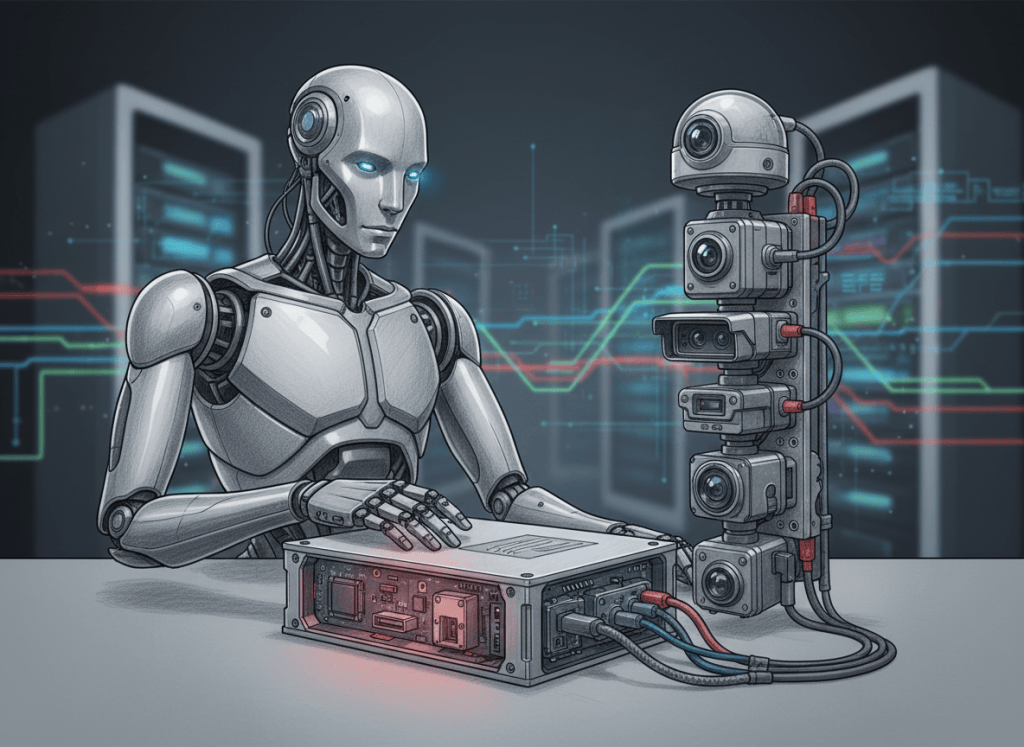Humanoid robot and embedded AI computing hardware at a robotics technology event.