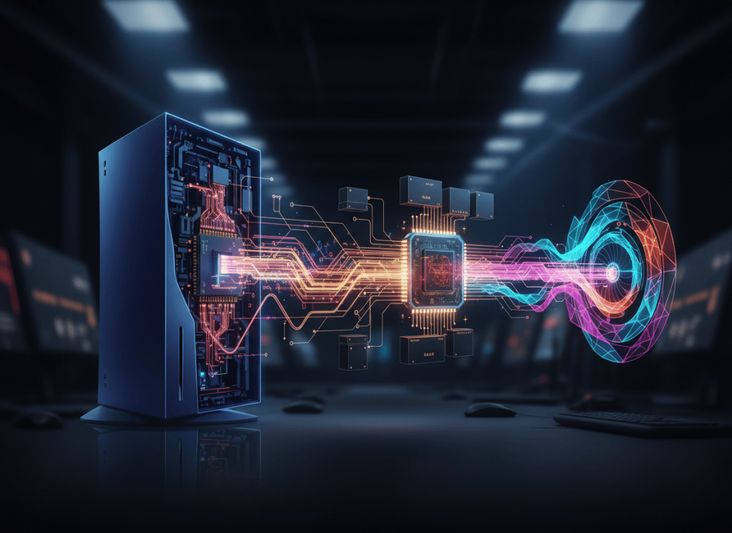 Concept illustration of console software being translated to run on a PC