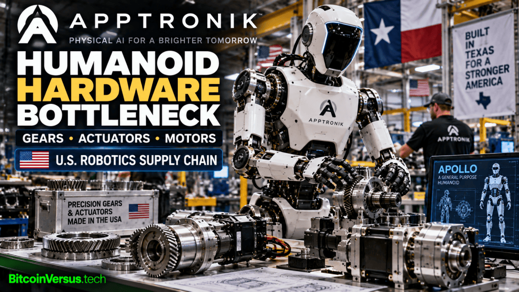 Apptronik humanoid robot surrounded by precision gears, actuators and motors in a U.S. factory
