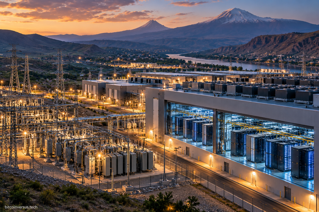 Illustrative AI data center campus with power infrastructure in a mountainous landscape