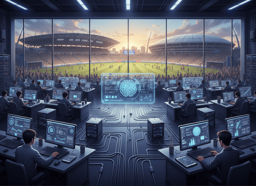 Illustration of digital infrastructure and AI-assisted technology supporting a major multi-sport event.