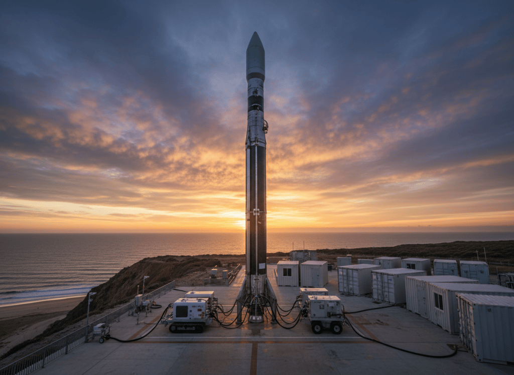 Modern small orbital rocket and mobile launch equipment at a coastal launch site