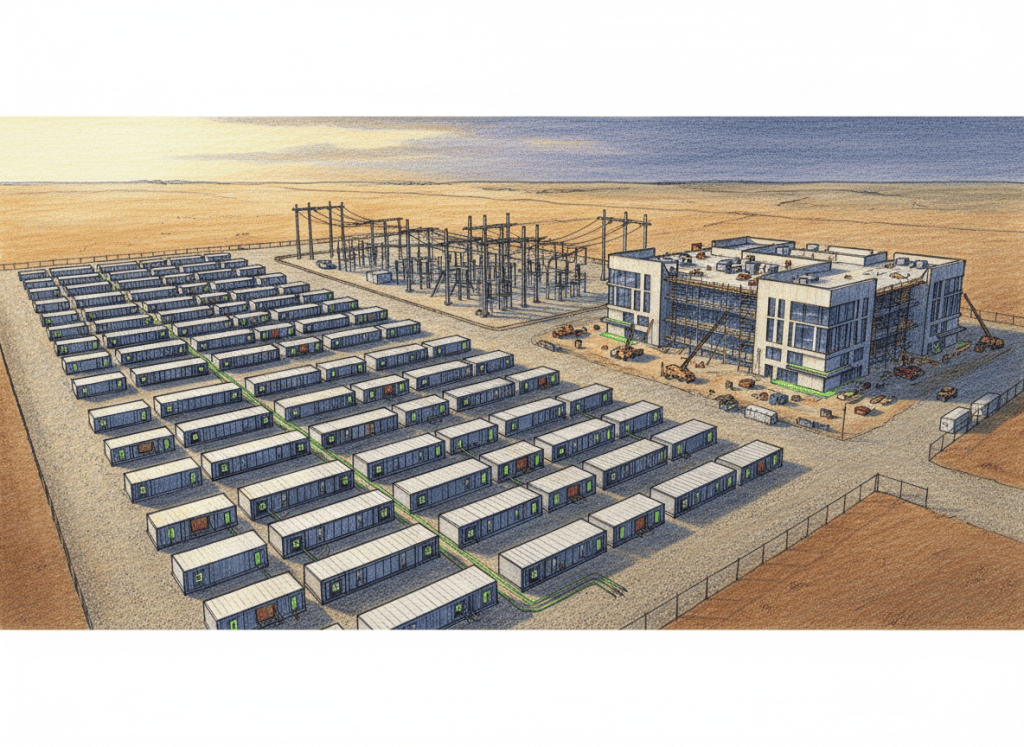 Bitcoin mining containers and power infrastructure beside an AI data center under construction