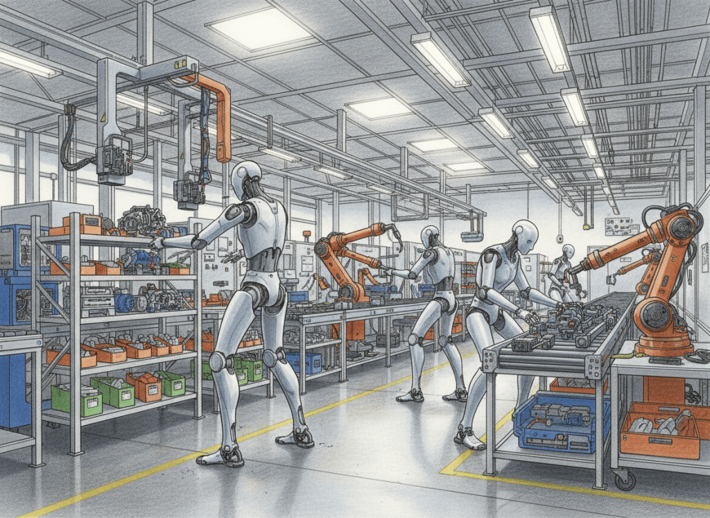 Colored-pencil illustration of humanoid robots training at automotive manufacturing work cells with parts, fixtures and factory automation.