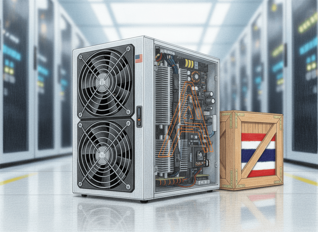 Editorial illustration of a next-generation 600 TH/s air-cooled Bitcoin ASIC miner in a modern mining data center.