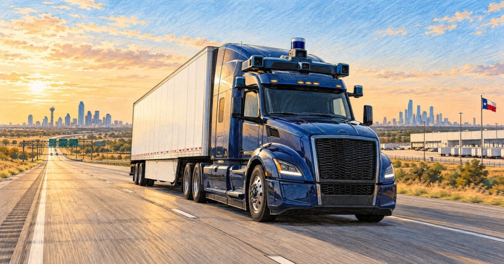 AI-generated editorial illustration of an autonomous Class 8 freight truck with roof-mounted sensors traveling on a Texas highway near Dallas.