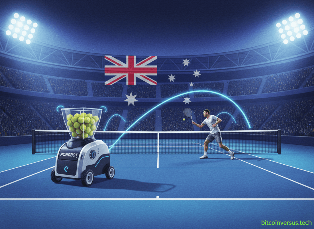 AI tennis training robot on a blue Australian hard court with ball-tracking data overlays and a subtle Australian flag motif.