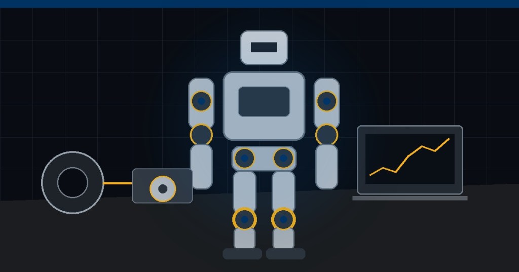 Editorial illustration of a modular 3D-printed humanoid robot on a workbench with cycloidal gearbox joints, a 3D printer and reinforcement-learning graph.