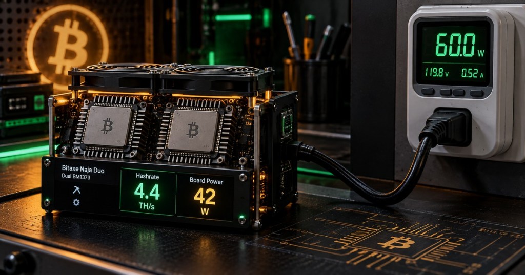 Technical editorial illustration of a Bitaxe Naja Duo style Bitcoin miner showing 4.4 TH/s and 42 W beside an AC wall meter reading 60 W.