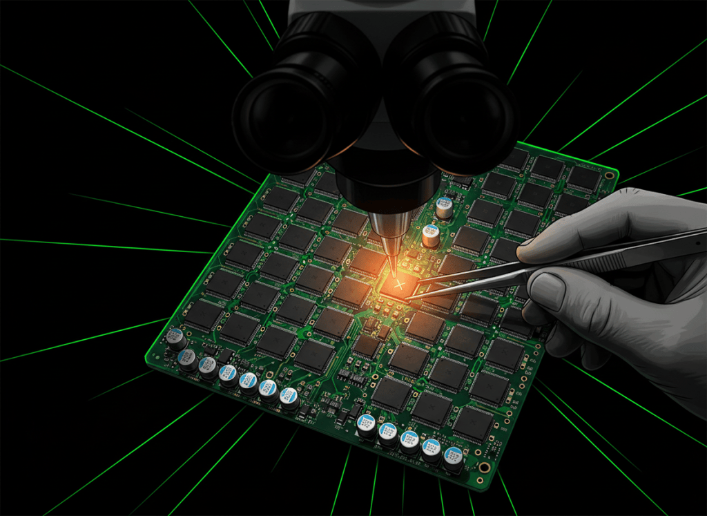 Close-up of a Bitcoin ASIC hashboard being repaired under a microscope as a failed mining chip is replaced with hot-air rework tools.