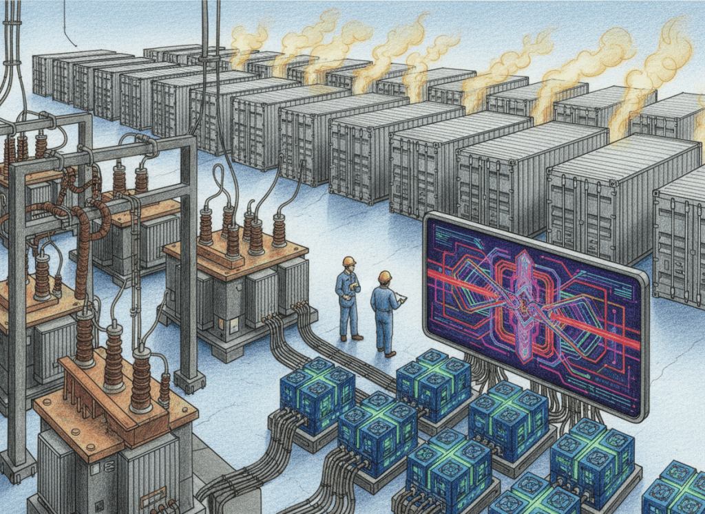 Colored-pencil illustration of a Bitcoin mining data center with ASIC miners, electrical distribution and cooling infrastructure as network difficulty rises.