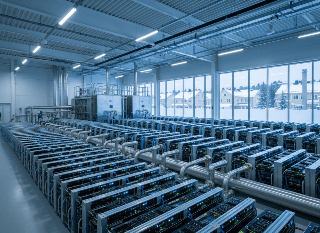 Hydro-cooled Bitcoin mining servers feeding recovered heat into a Nordic district heating system