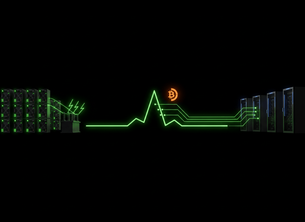 Bitcoin ASIC mining racks and a power-demand curve falling from a peak while AI data-center racks compete for grid electricity.