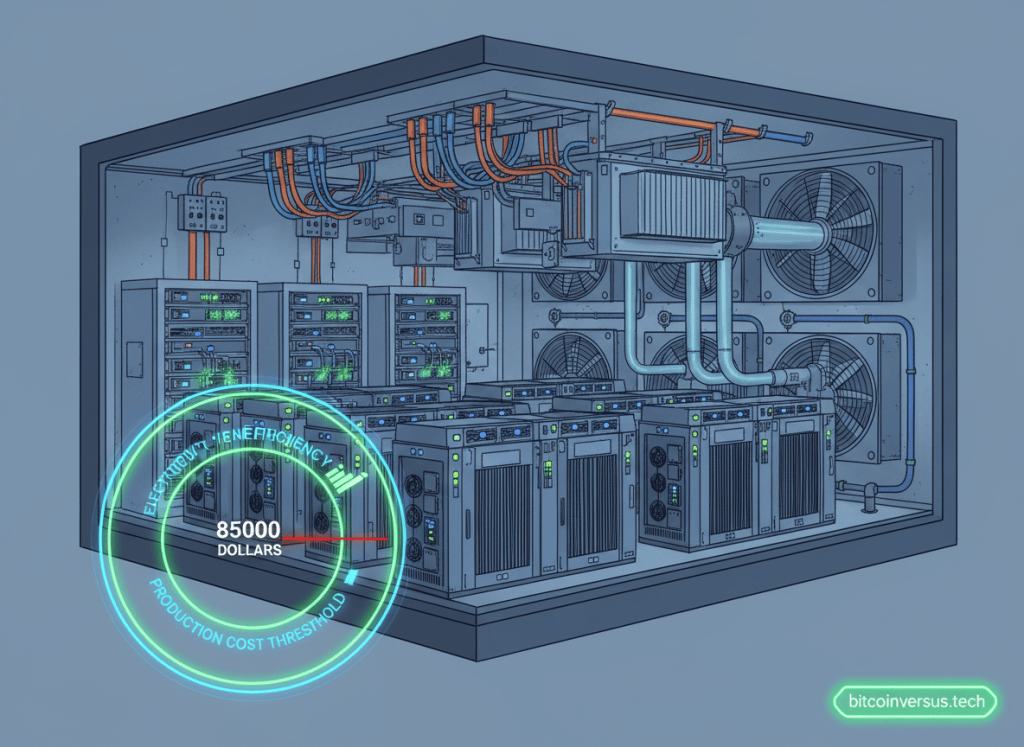 Colored-pencil illustration of a Bitcoin mining facility showing the relationship between ASIC efficiency, electricity and production cost