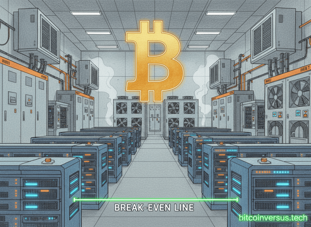 Colored-pencil illustration of Bitcoin ASIC mining infrastructure and a production-cost threshold.