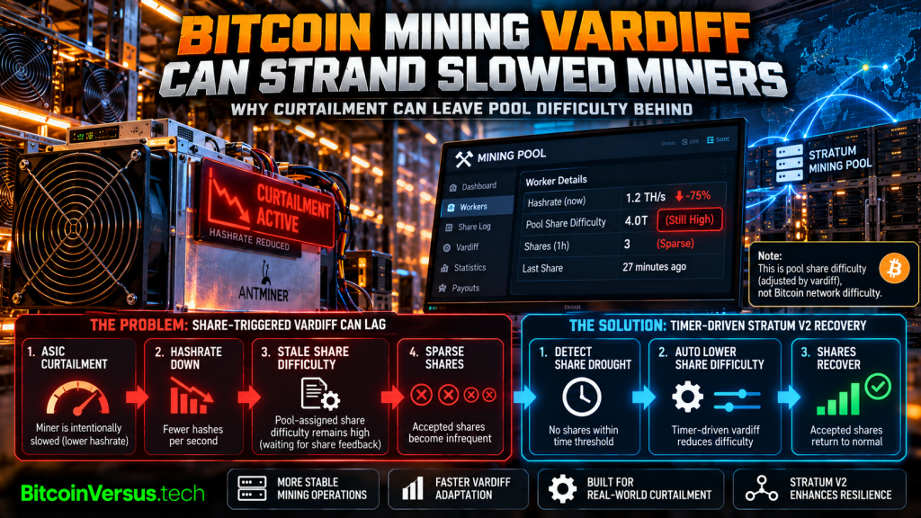 Bitcoin mining ASIC curtailment infographic showing stale pool share difficulty, sparse shares and timer-driven Stratum V2 recovery