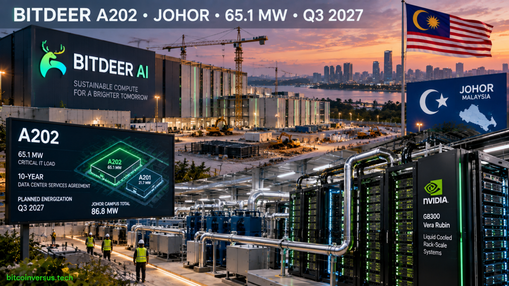 Editorial illustration of Bitdeer AI A202 data center in Johor, Malaysia, showing planned 65.1 MW critical IT load, liquid cooling, NVIDIA systems and Q3 2027 energization