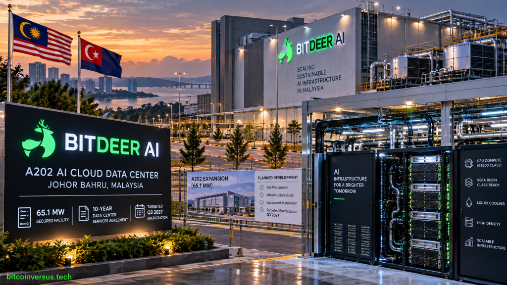 Editorial illustration of Bitdeer AI A202 data center infrastructure in Johor Bahru with liquid cooling, GPU racks and subtle Malaysian, Johor and Bitdeer visual identifiers