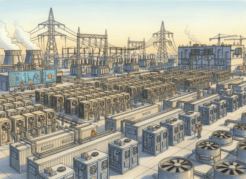 Colored-pencil illustration of a large Bitcoin mining campus with ASIC miners, electrical substation, cooling systems and adjacent data-center infrastructure.