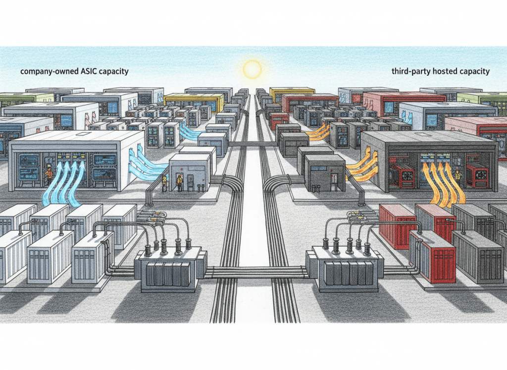 Colored-pencil illustration of large-scale Bitcoin ASIC mining infrastructure with owned and hosted mining capacity, electrical distribution and cooling.
