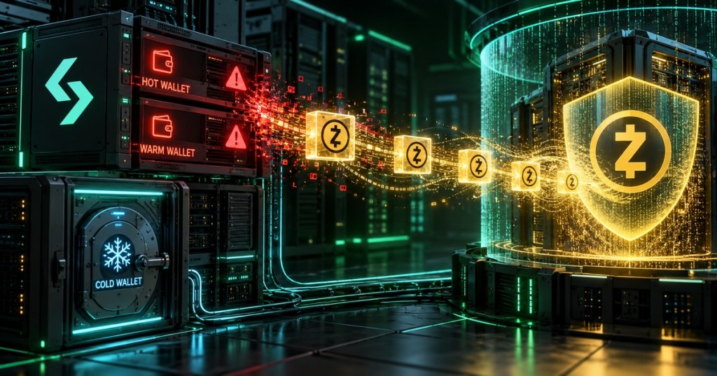 Editorial illustration of a crypto exchange hot-wallet breach routing Zcash into a shielded privacy pool while cold-wallet infrastructure remains isolated.