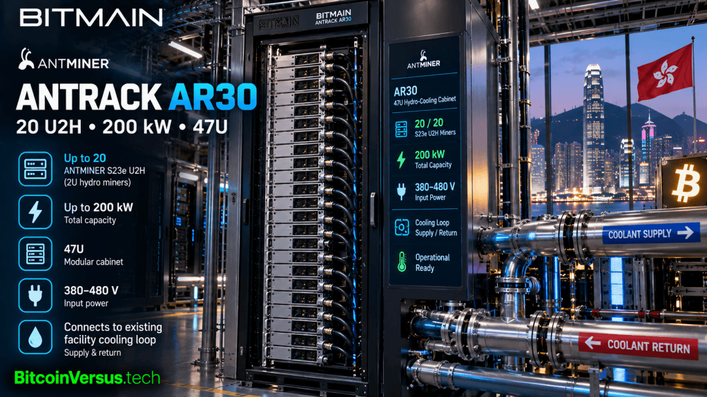BITMAIN ANTRACK AR30 47U hydro-cooling cabinet for up to 20 S23e U2H Bitcoin miners, showing 200 kW capacity and facility cooling-loop connections