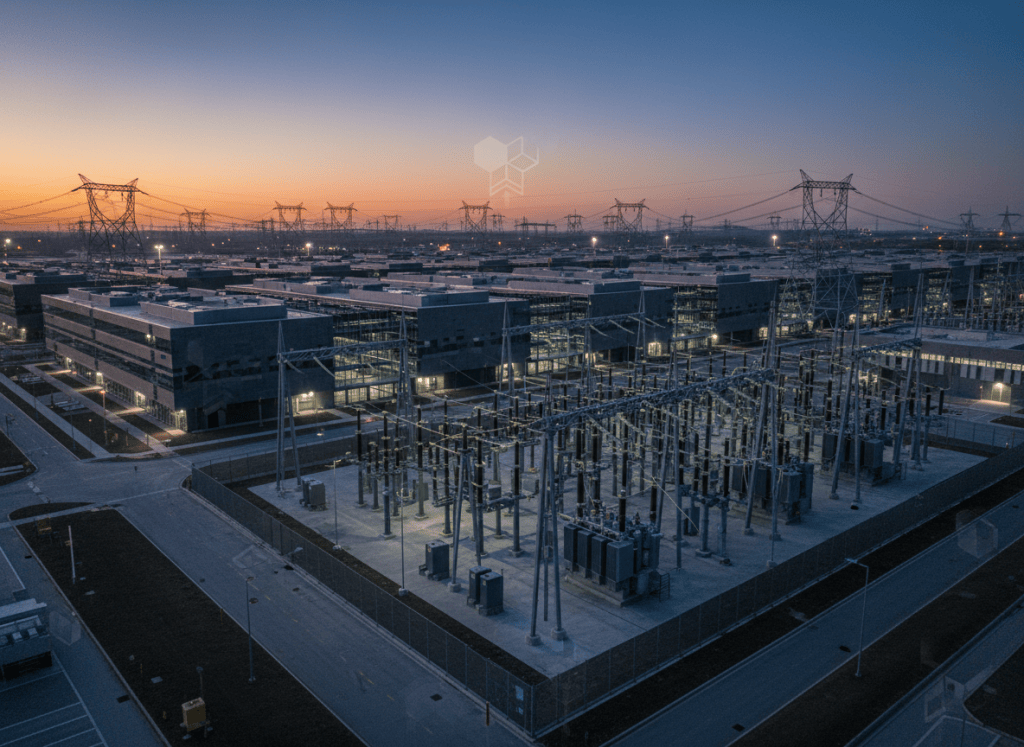 Hyperscale Asia-Pacific data center campus with power infrastructure at dusk, illustrating BlackRock-backed interest in STACK Infrastructure assets.