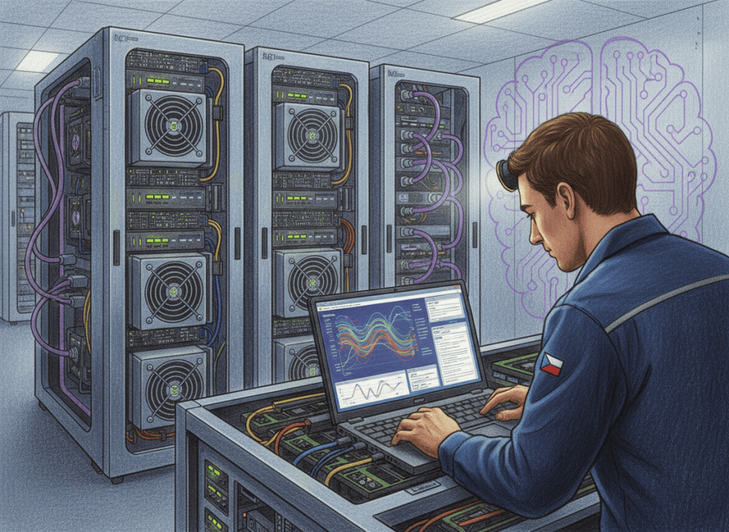 Editorial illustration of Bitcoin ASIC firmware diagnostics, PSU temperature monitoring and hydro-cooled Antminer infrastructure.