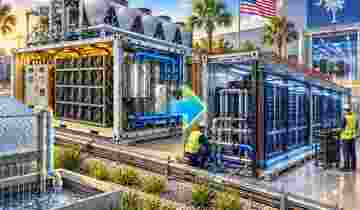 BitcoinVersus.Tech colored-pencil illustration of a modern air-cooled Bitcoin mining facility with dense ASIC racks, high-power cabling, Ethernet networking, exhaust fans and a technician monitoring next-generation miners.