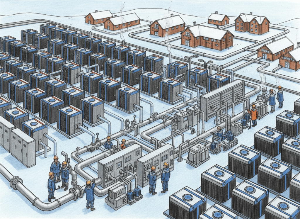 Colored-pencil engineering illustration of hydro-cooled Bitcoin ASIC miners supplying heat to a Nordic district-heating network.