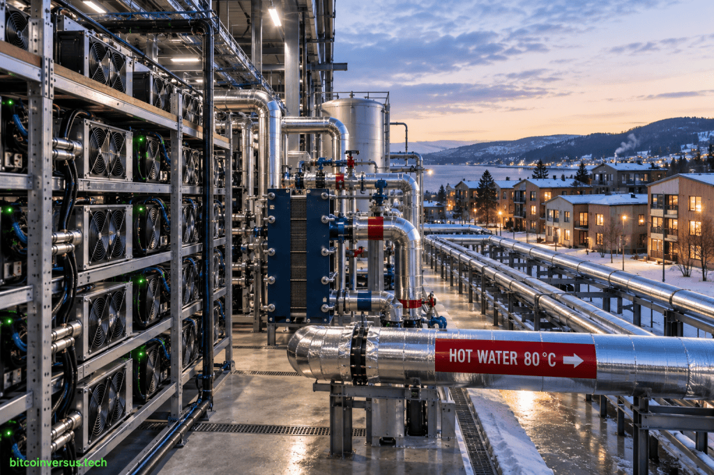 Editorial illustration of hydro-cooled Bitcoin mining equipment feeding recovered hot water into a Nordic district heating network