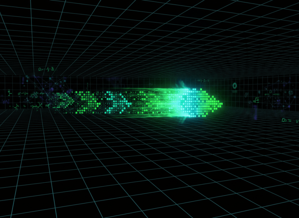 Editorial illustration of a fast cellular automaton spaceship crossing a mathematical grid near the theoretical speed limit.