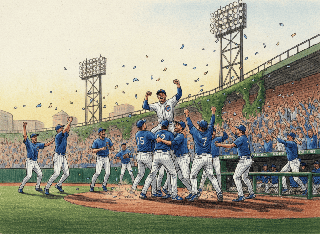 Illustration of Chicago baseball players celebrating a postseason berth at a classic ballpark.