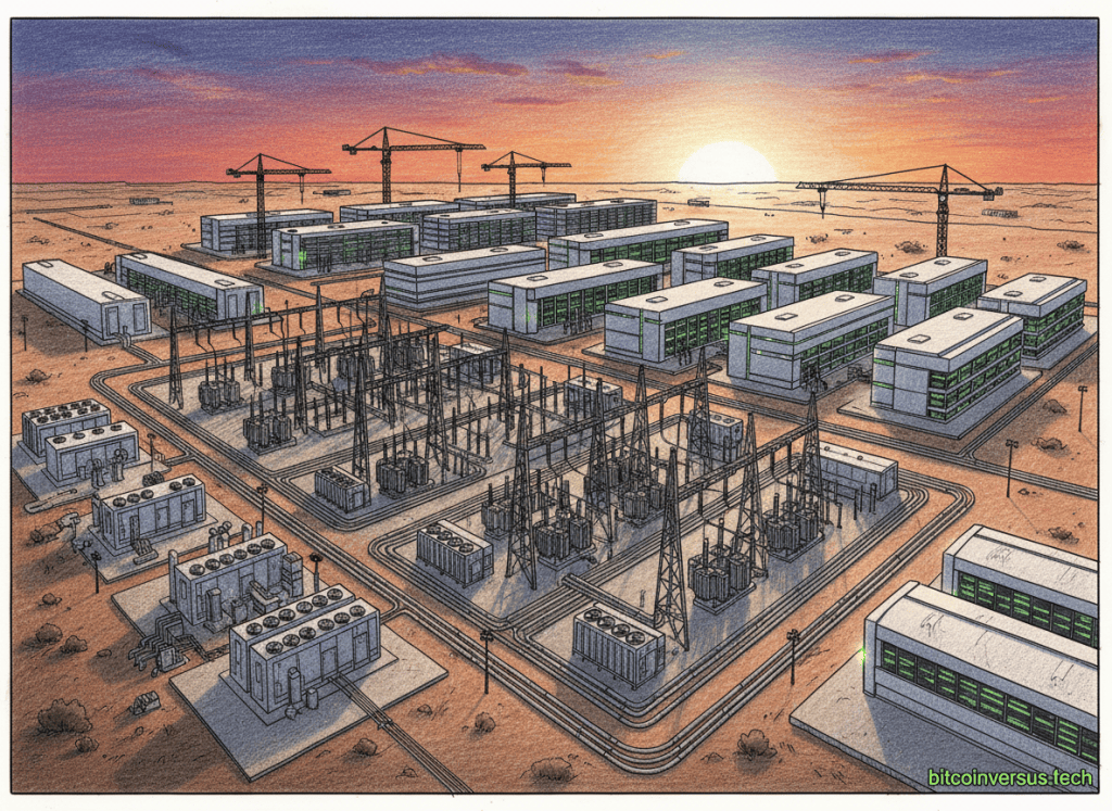 Colored-pencil illustration of a West Texas data center campus transitioning from Bitcoin mining infrastructure toward AI computing