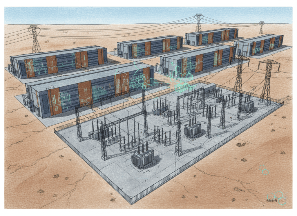 Large Texas data center campus with power infrastructure representing AI and Bitcoin mining compute.