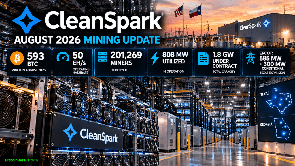 CleanSpark August 2026 Bitcoin mining update showing 593 BTC, 50 EH/s and 1.8 GW under contract