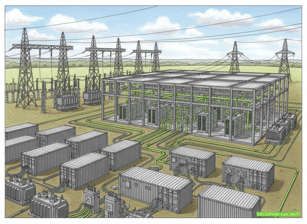 Colored-pencil illustration of Bitcoin mining power infrastructure transitioning into a large AI data center campus in Georgia