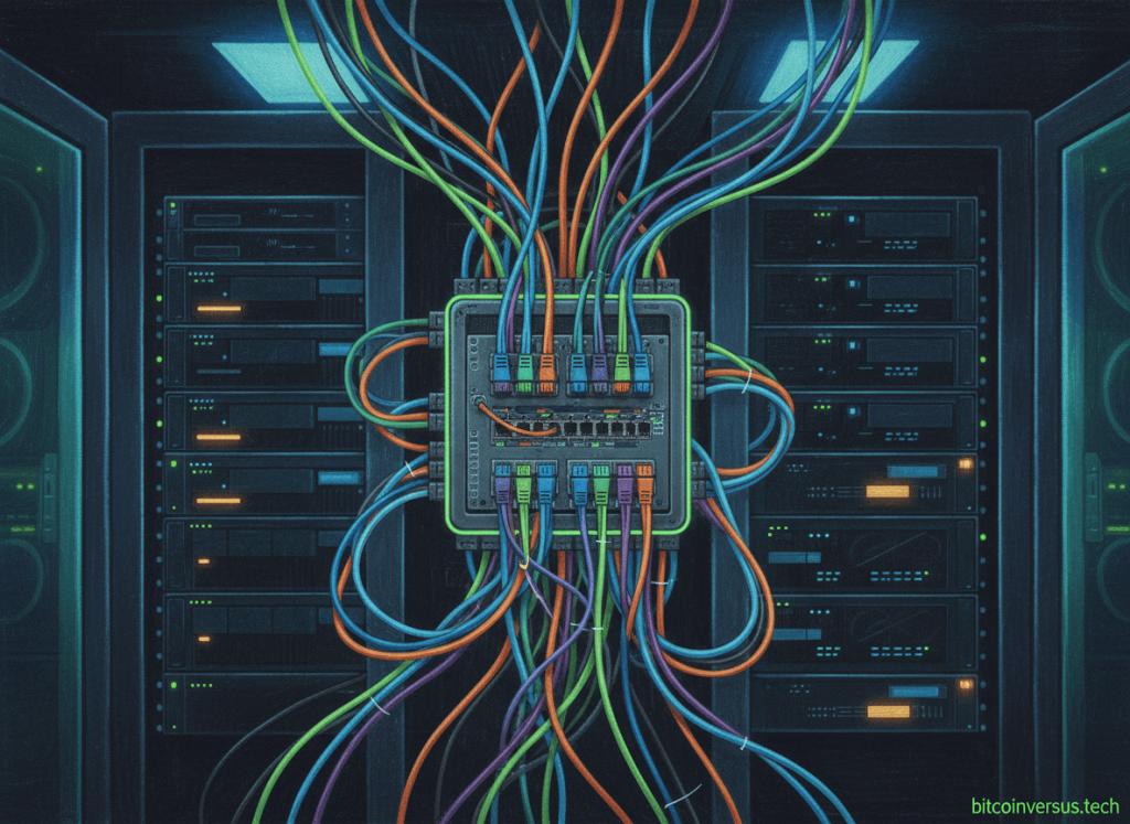 Dense fiber optic Ethernet cabling and compact patch panel inside an AI data center rack